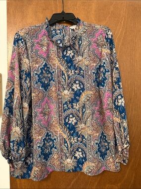 LOFT Navy Paisley Long-Sleeve Blouse